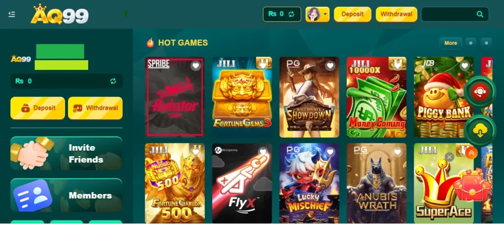 AQ99 Game APK home screen showing slot and card games